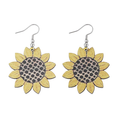 1 Pair Retro Sunflower Printing Wood Drop Earrings