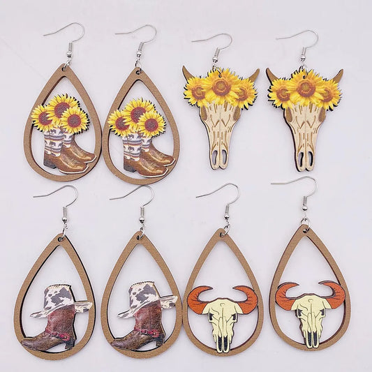 1 Pair Retro Sunflower Water Droplets Horns Wood Irregular Women's Drop Earrings