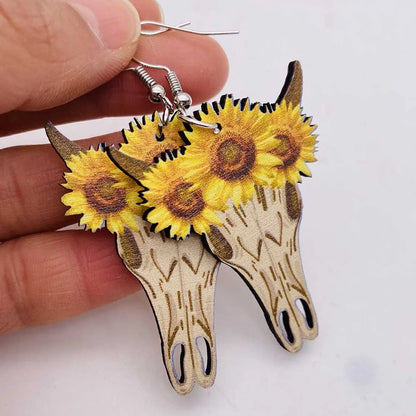 1 Pair Retro Sunflower Water Droplets Horns Wood Irregular Women's Drop Earrings