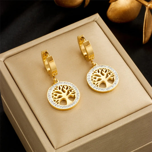 1 Pair Retro Tree Plating Inlay Titanium Steel Zircon 18k Gold Plated Drop Earrings