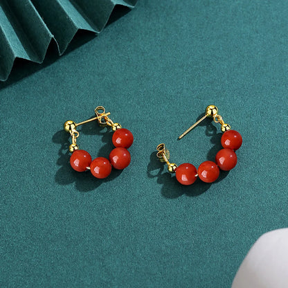 1 Pair Retro U Shape Sterling Silver Inlay Hetian Jade Earrings