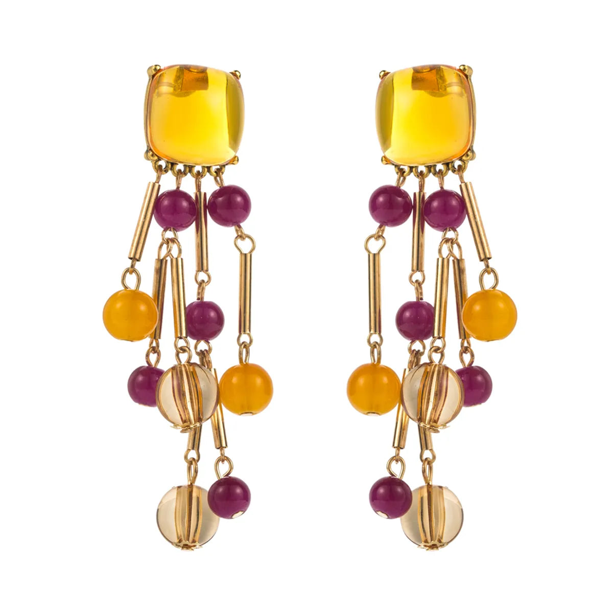 1 Pair Retro Vacation Bohemian Tassel Beaded Tassel Alloy Resin 18K Gold Plated Drop Earrings