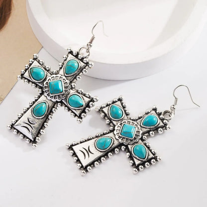 1 Pair Retro Vacation Classic Style Cross Inlay Alloy Turquoise Glass Silver Plated Drop Earrings