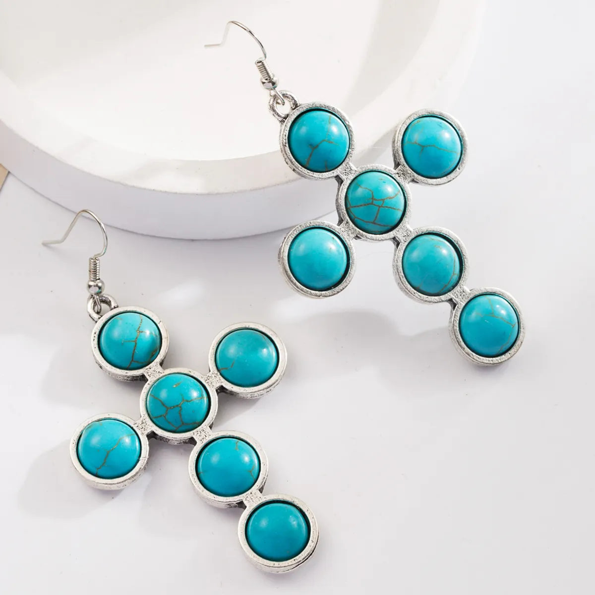 1 Pair Retro Vacation Classic Style Cross Inlay Alloy Turquoise Glass Silver Plated Drop Earrings