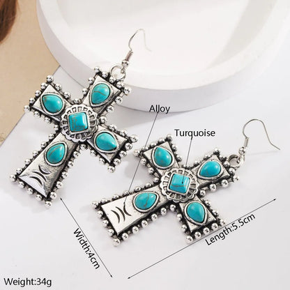 1 Pair Retro Vacation Classic Style Cross Inlay Alloy Turquoise Glass Silver Plated Drop Earrings