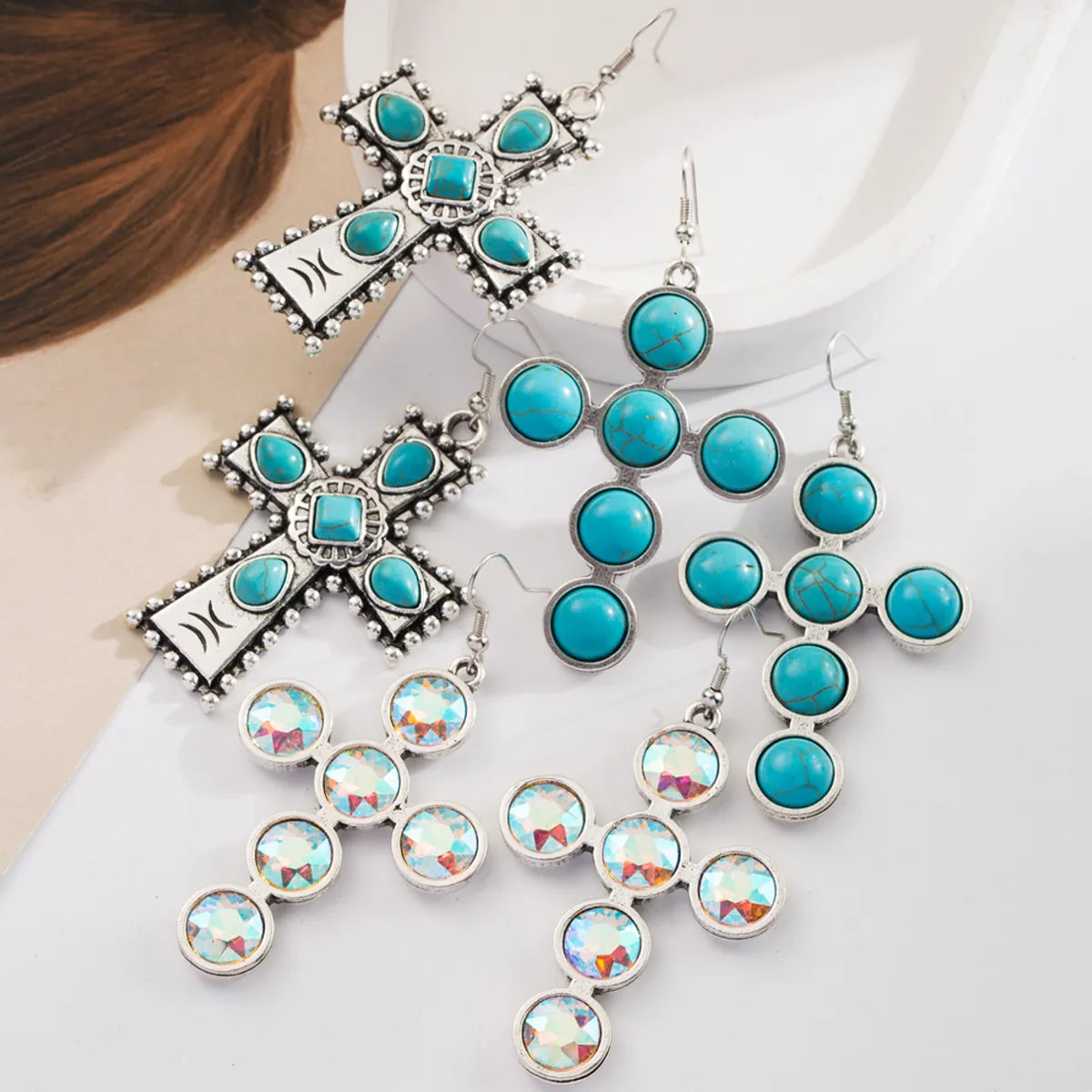 1 Pair Retro Vacation Classic Style Cross Inlay Alloy Turquoise Glass Silver Plated Drop Earrings