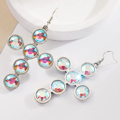 1 Pair Retro Vacation Classic Style Cross Inlay Alloy Turquoise Glass Silver Plated Drop Earrings