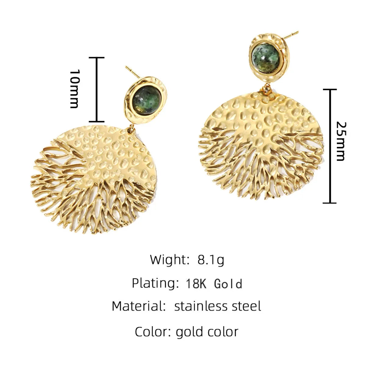 1 Pair Retro Vacation French Style Leaves Plating Inlay Titanium Steel Natural Stone 18k Gold Plated Drop Earrings