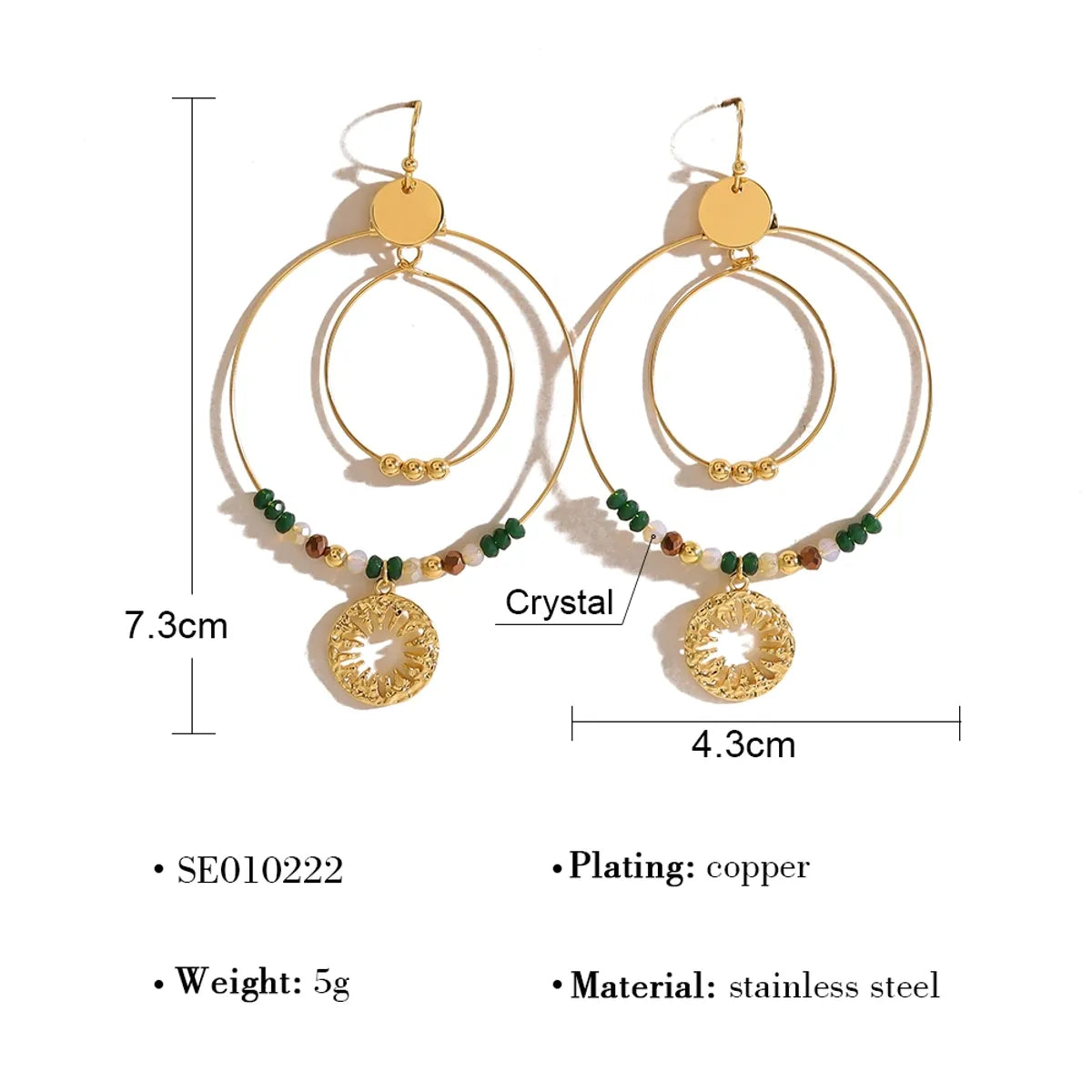 1 Pair Retro Vacation Geometric Inlay 304 Stainless Steel Natural Stone 18K Gold Plated Drop Earrings