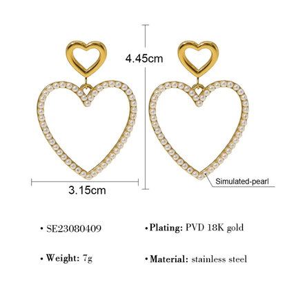 1 Pair Retro Vacation Heart Shape Plating Inlay 304 Stainless Steel Artificial Pearls 18K Gold Plated Drop Earrings