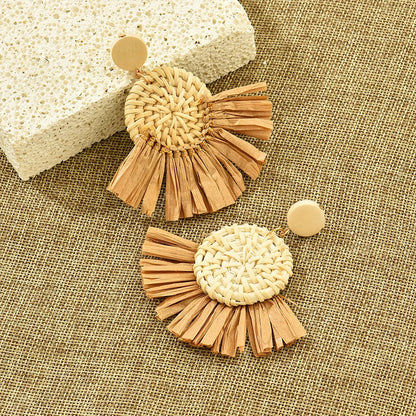 1 Pair Retro Vacation Round Sector Handmade Braid Straw Rattan Drop Earrings