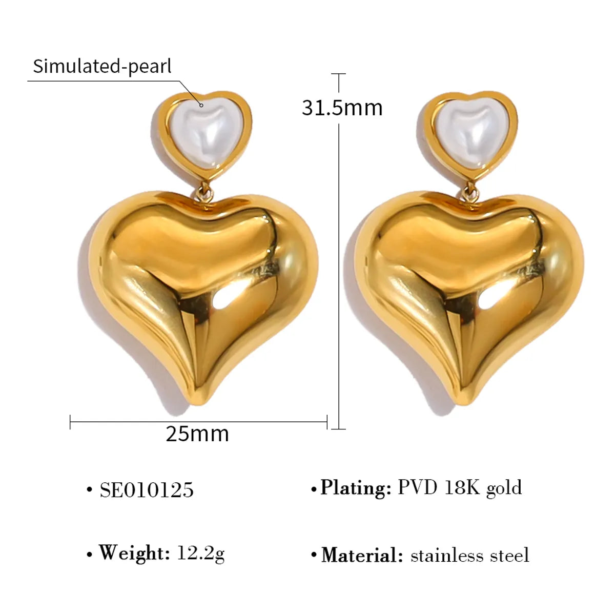 1 Pair Retro Vacation Simple Style Round Water Droplets Heart Shape Plating Inlay 304 Stainless Steel Artificial Pearls 18K Gold Plated Drop Earrings