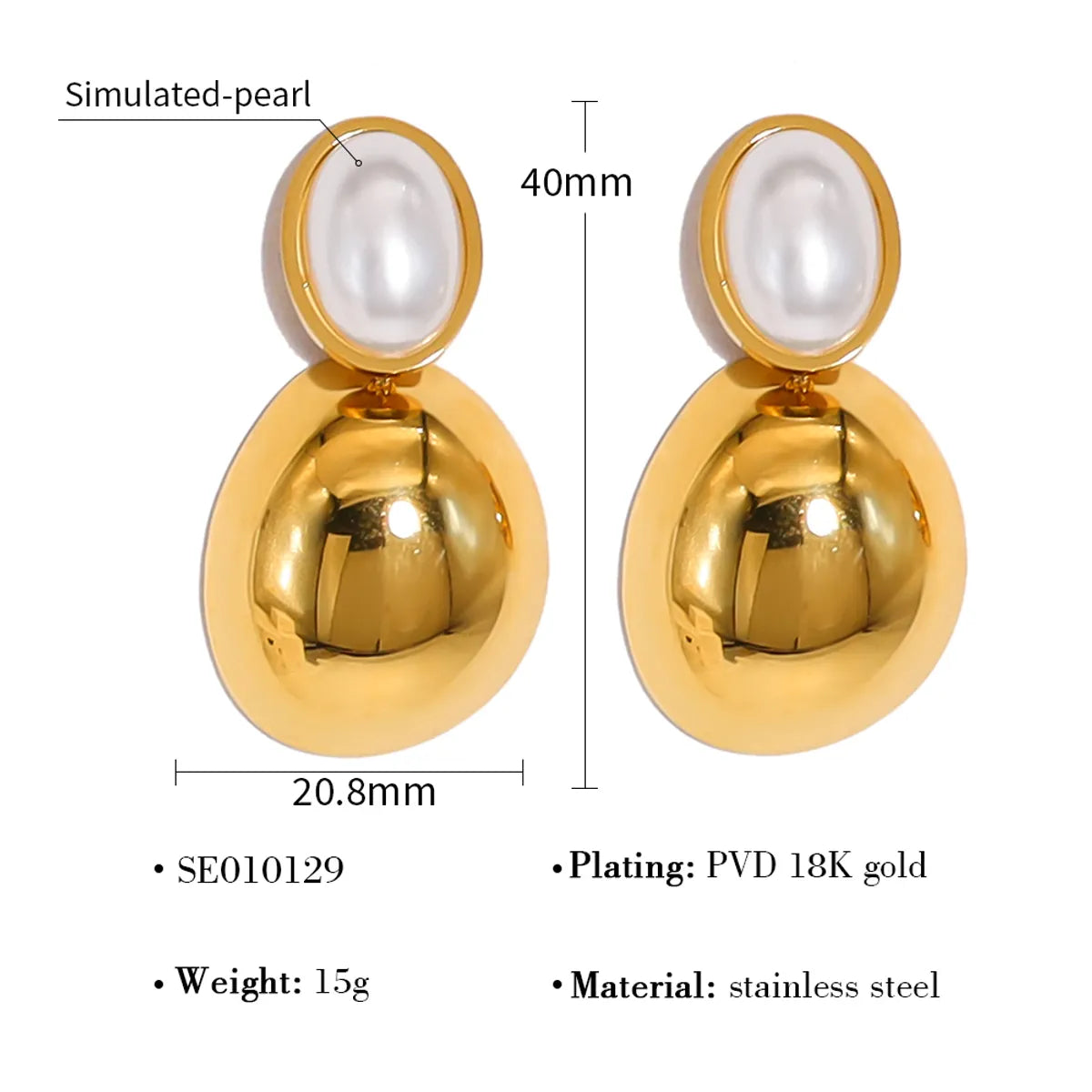 1 Pair Retro Vacation Simple Style Round Water Droplets Heart Shape Plating Inlay 304 Stainless Steel Artificial Pearls 18K Gold Plated Drop Earrings