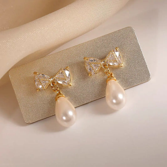 1 Pair Retro Vintage Style Sweet Bow Knot Inlay Carving Copper Zircon 18K Gold Plated Drop Earrings