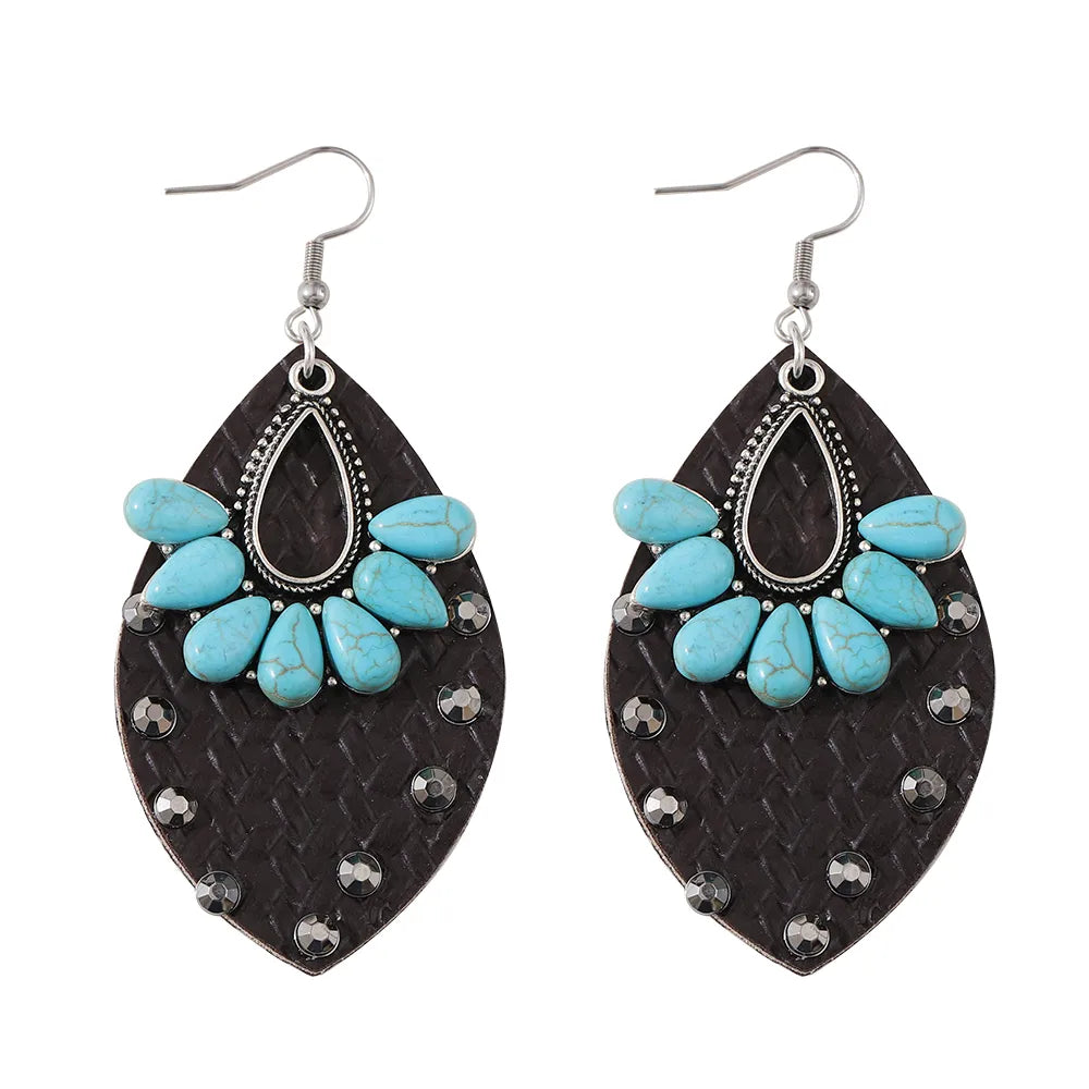 1 Pair Retro Water Droplets Inlay Pu Leather Turquoise Drop Earrings