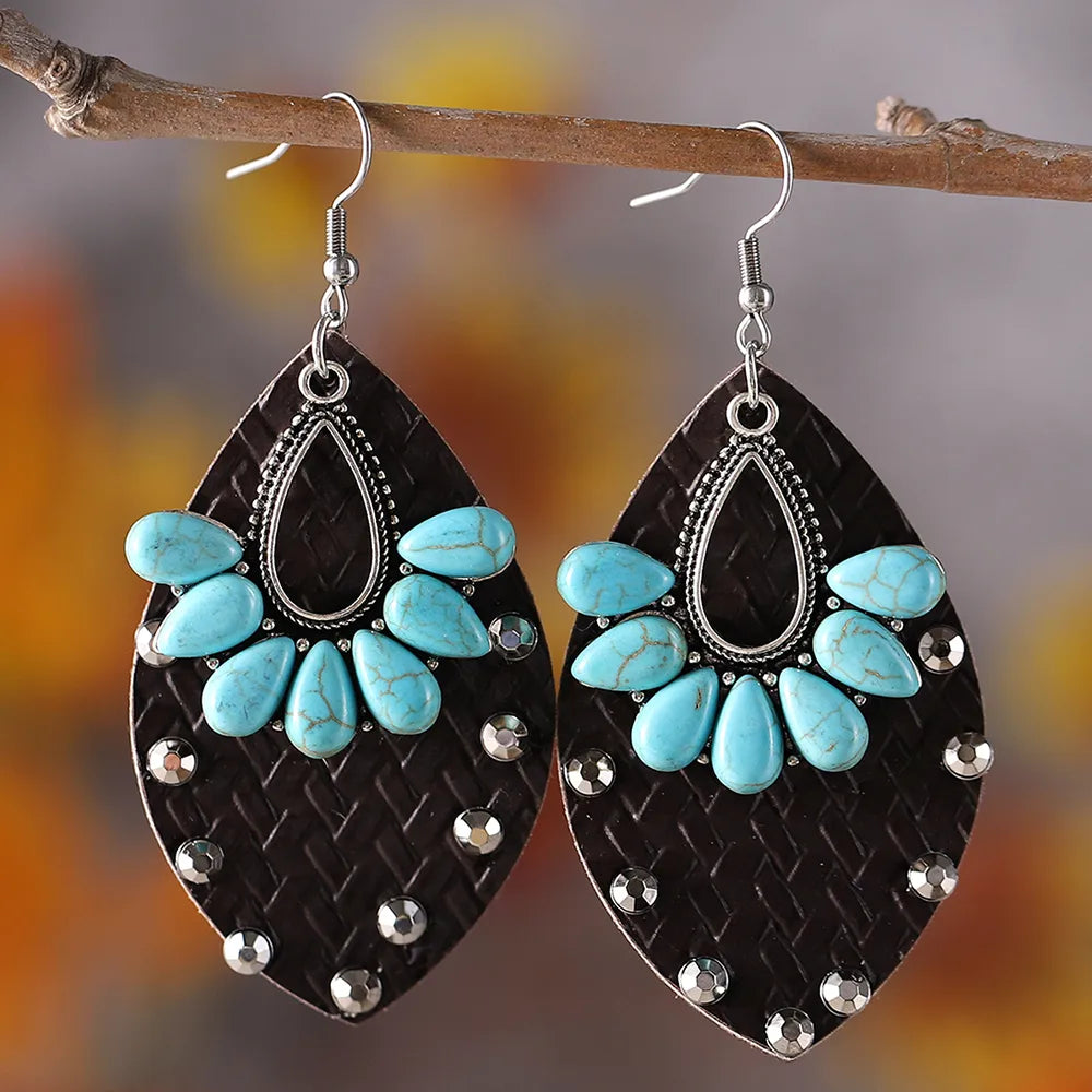 1 Pair Retro Water Droplets Inlay Pu Leather Turquoise Drop Earrings