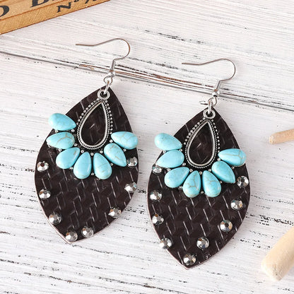 1 Pair Retro Water Droplets Inlay Pu Leather Turquoise Drop Earrings