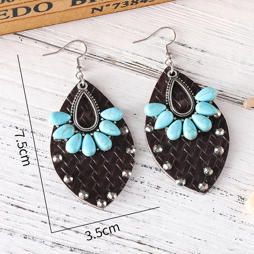 1 Pair Retro Water Droplets Inlay Pu Leather Turquoise Drop Earrings