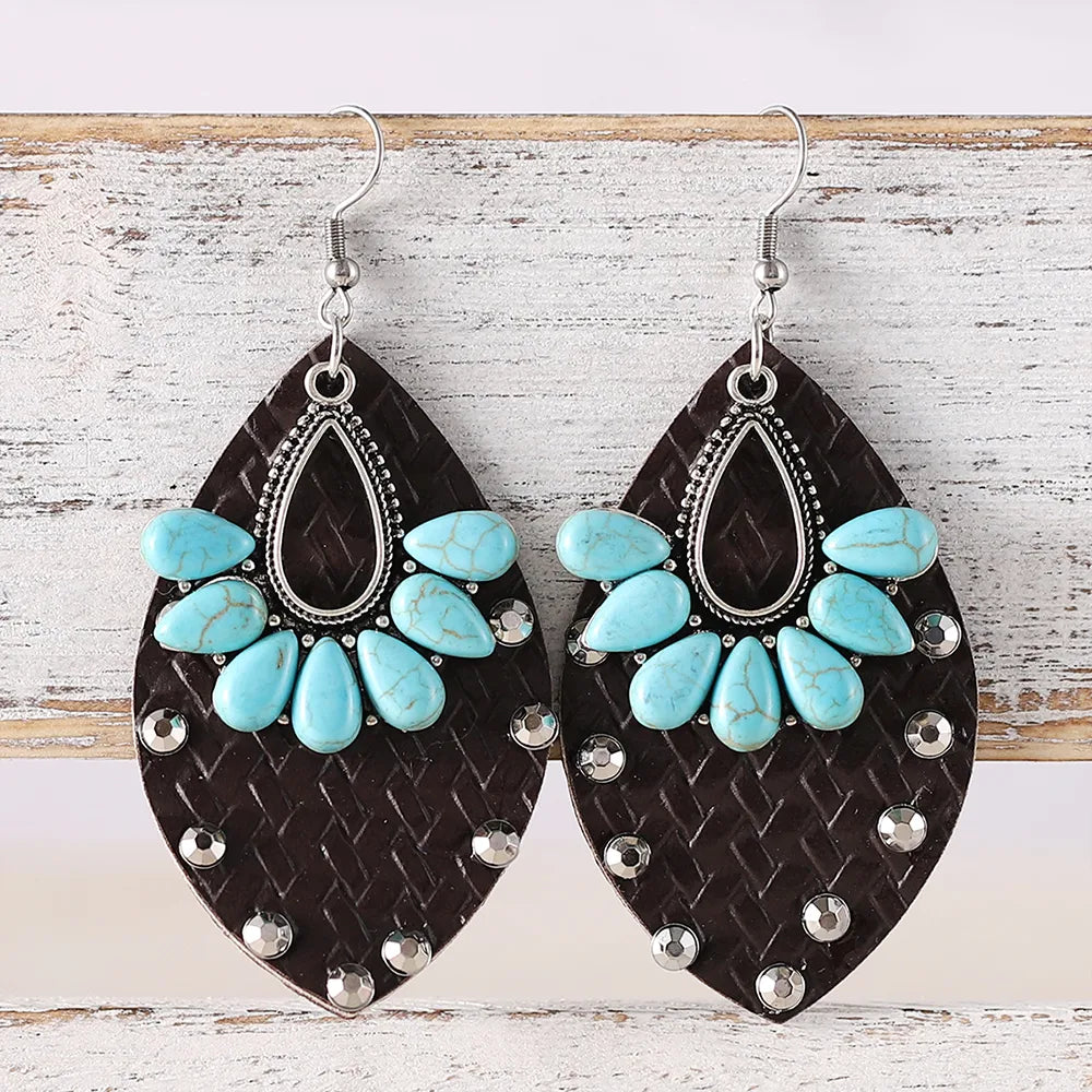 1 Pair Retro Water Droplets Inlay Pu Leather Turquoise Drop Earrings