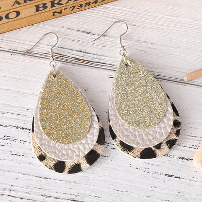 1 Pair Retro Water Droplets Leopard Sequins Layered Pu Leather Drop Earrings