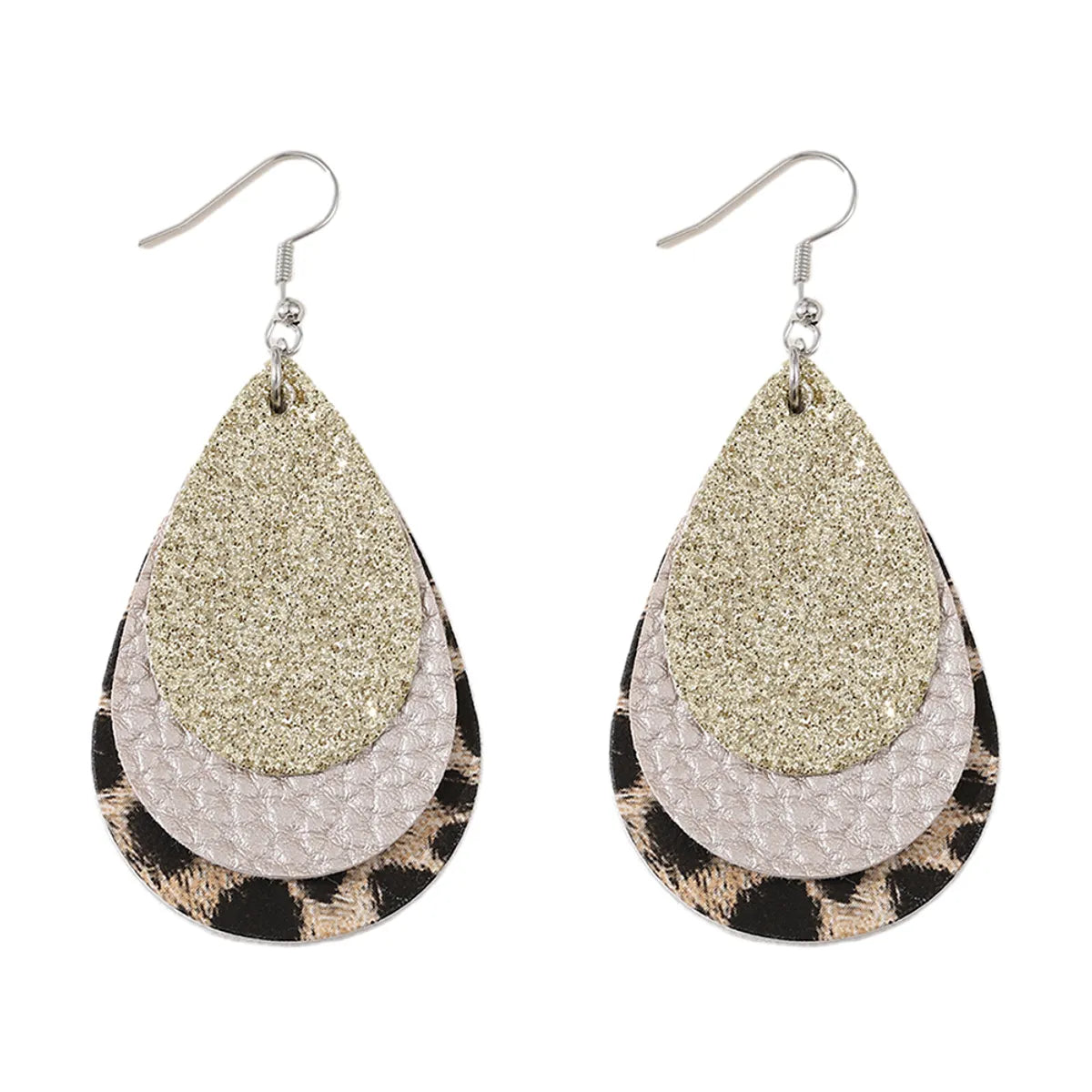 1 Pair Retro Water Droplets Leopard Sequins Layered Pu Leather Drop Earrings