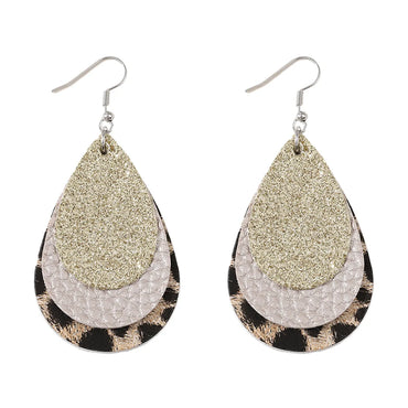 1 Pair Retro Water Droplets Leopard Sequins Layered Pu Leather Drop Earrings