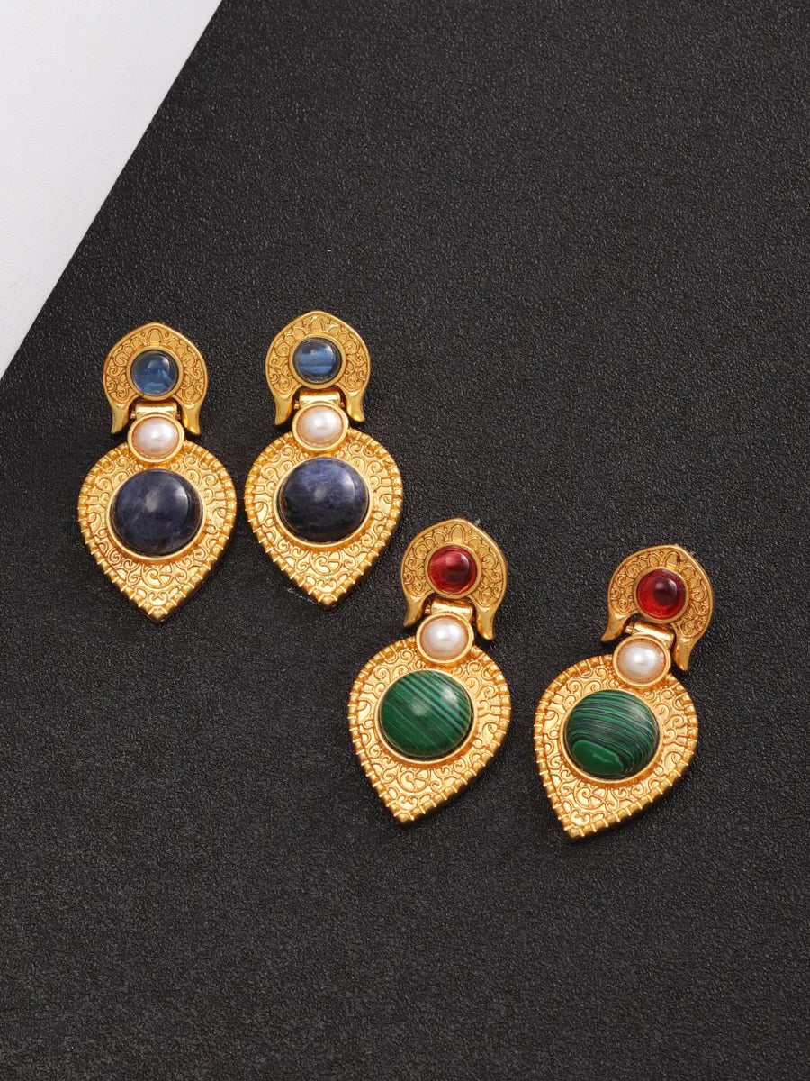 1 Pair Retro Water Droplets Plating Inlay Alloy Natural Stone 18k Gold Plated Drop Earrings