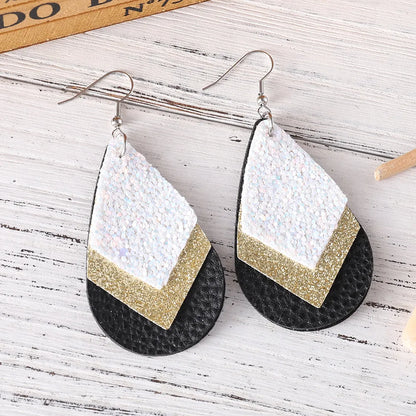 1 Pair Retro Water Droplets Rhombus Sequins Layered Pu Leather Drop Earrings