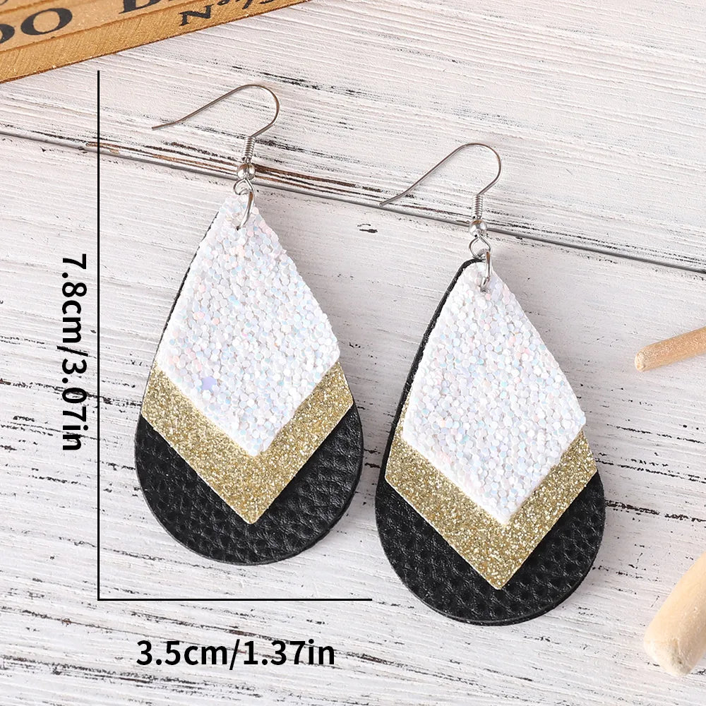 1 Pair Retro Water Droplets Rhombus Sequins Layered Pu Leather Drop Earrings