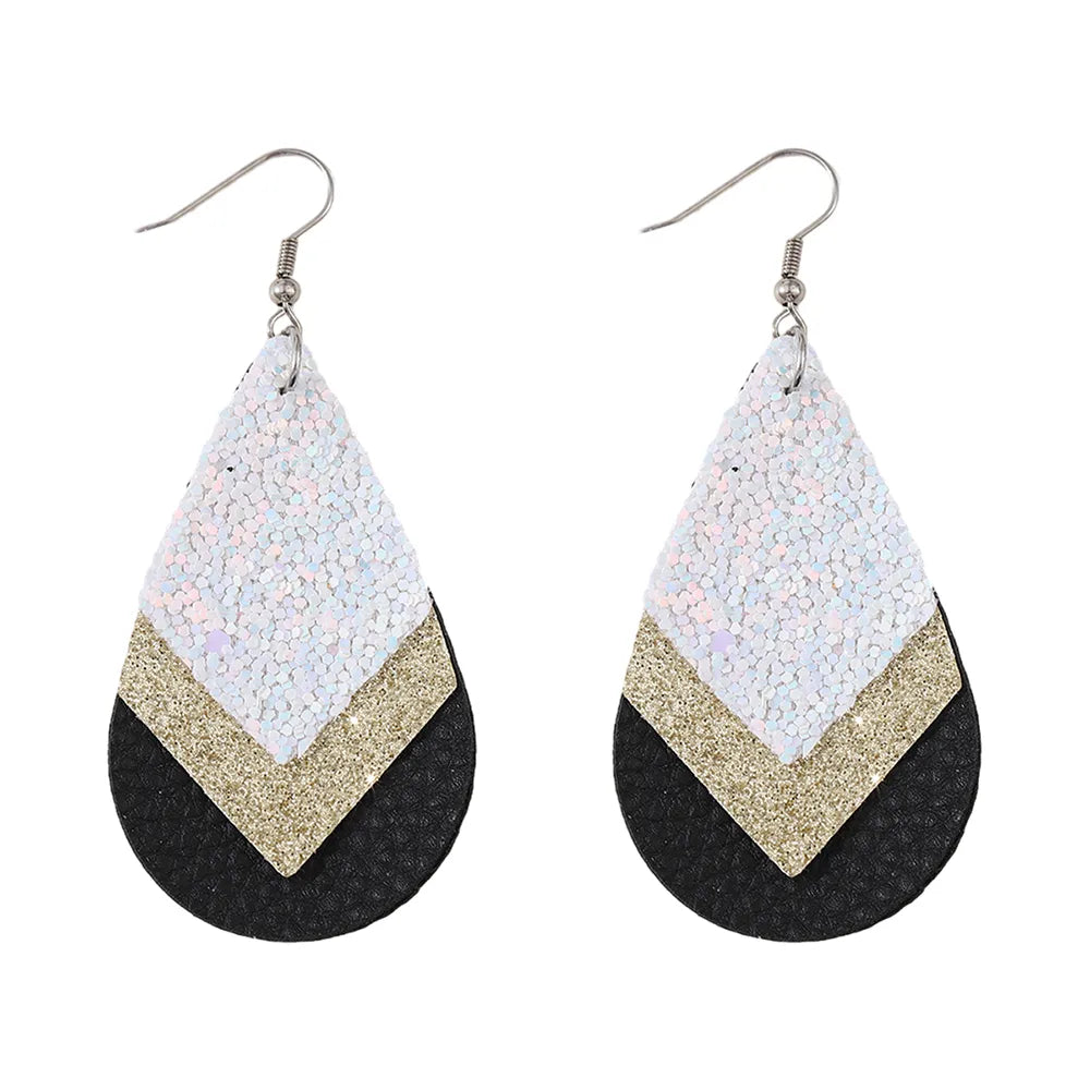 1 Pair Retro Water Droplets Rhombus Sequins Layered Pu Leather Drop Earrings