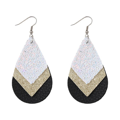 1 Pair Retro Water Droplets Rhombus Sequins Layered Pu Leather Drop Earrings