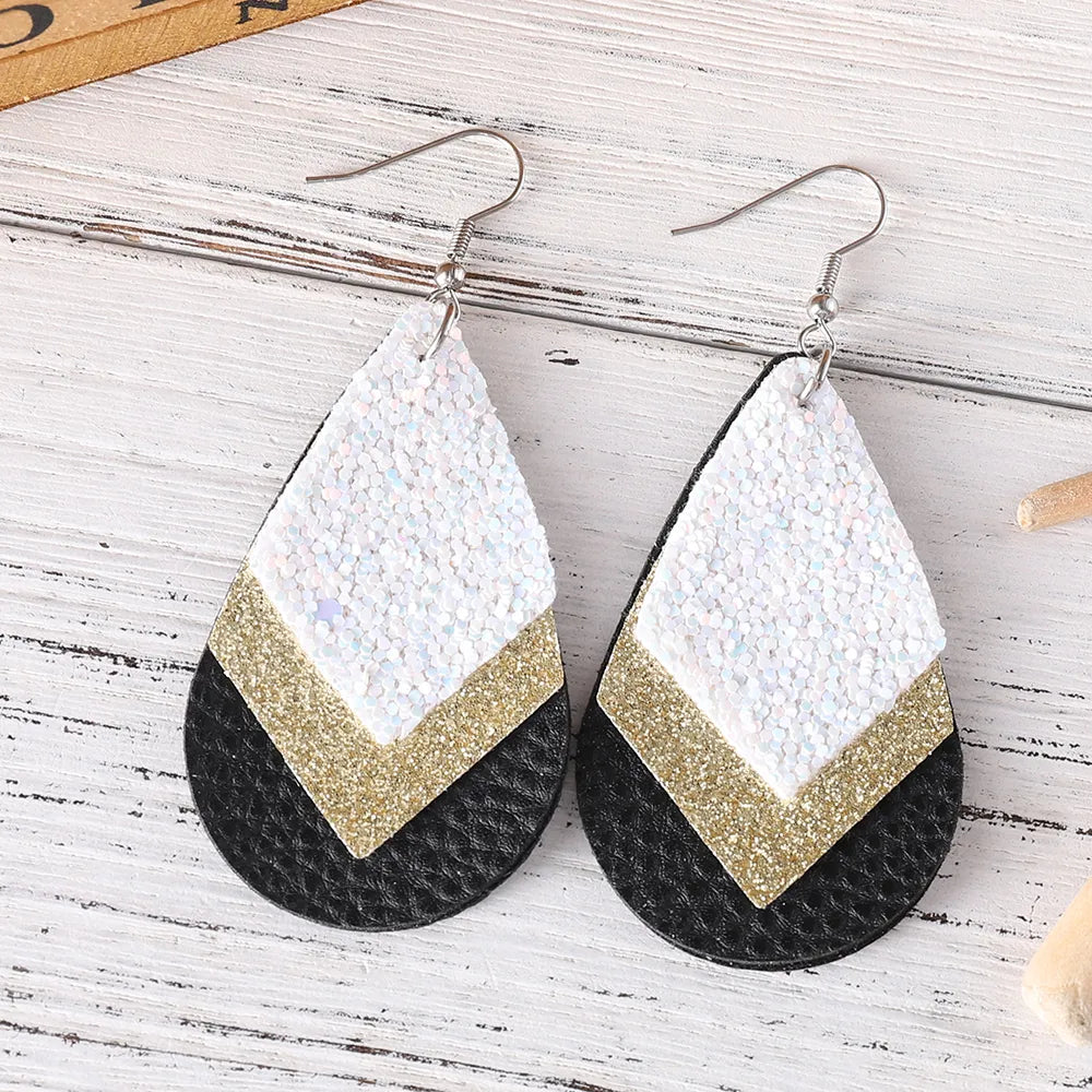 1 Pair Retro Water Droplets Rhombus Sequins Layered Pu Leather Drop Earrings