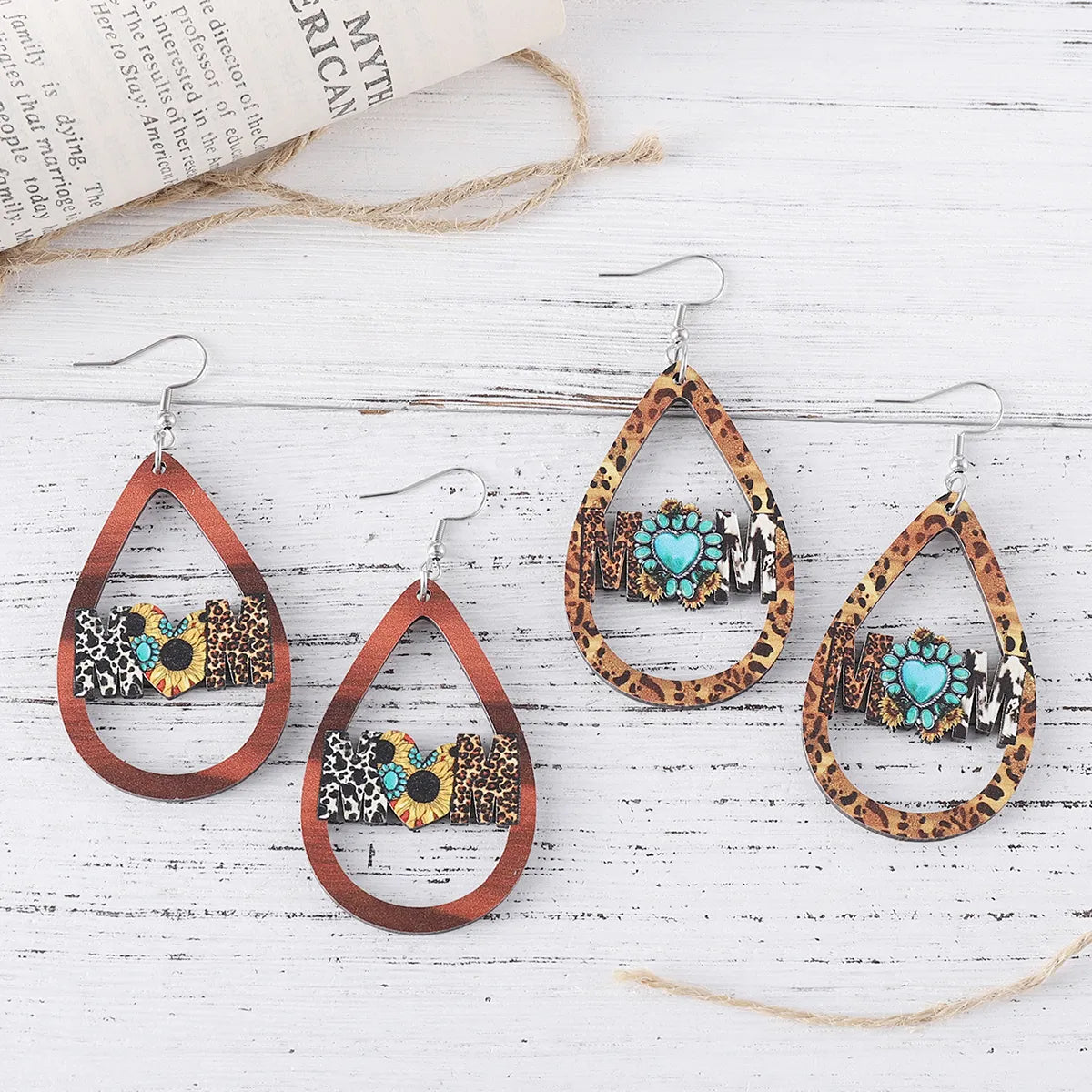 1 Pair Retro Water Droplets Wood Drop Earrings