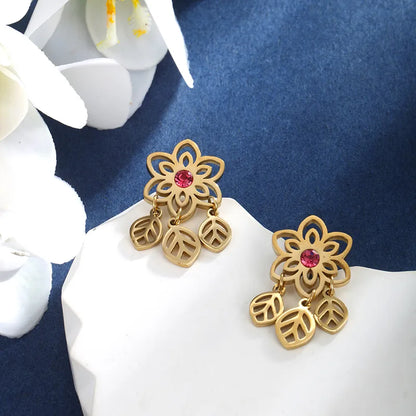 1 Pair Retro XUPING Simple Style Geometric Round Flower Pearl Hollow Out Inlay 304 Stainless Steel Artificial Gemstones 18K Gold Plated Drop Earrings Ear Studs