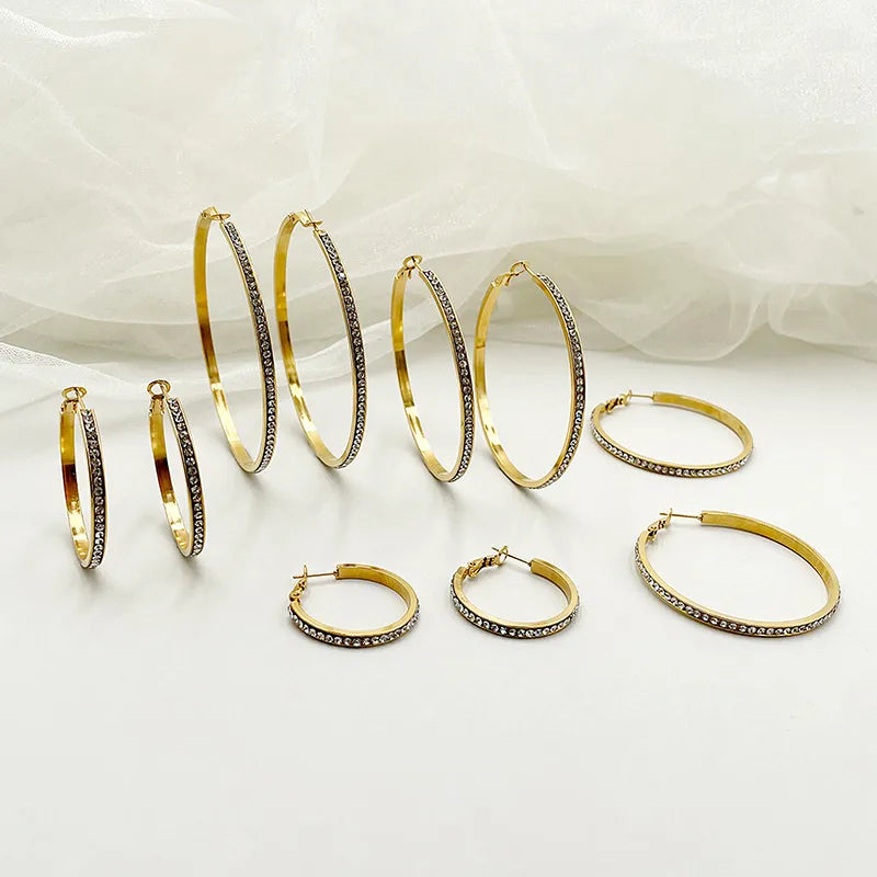 1 Pair Rock Sweet Simple Style Circle Plating Inlay 304 Stainless Steel Zircon 14K Gold Plated Hoop Earrings