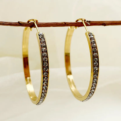 1 Pair Rock Sweet Simple Style Circle Plating Inlay 304 Stainless Steel Zircon 14K Gold Plated Hoop Earrings