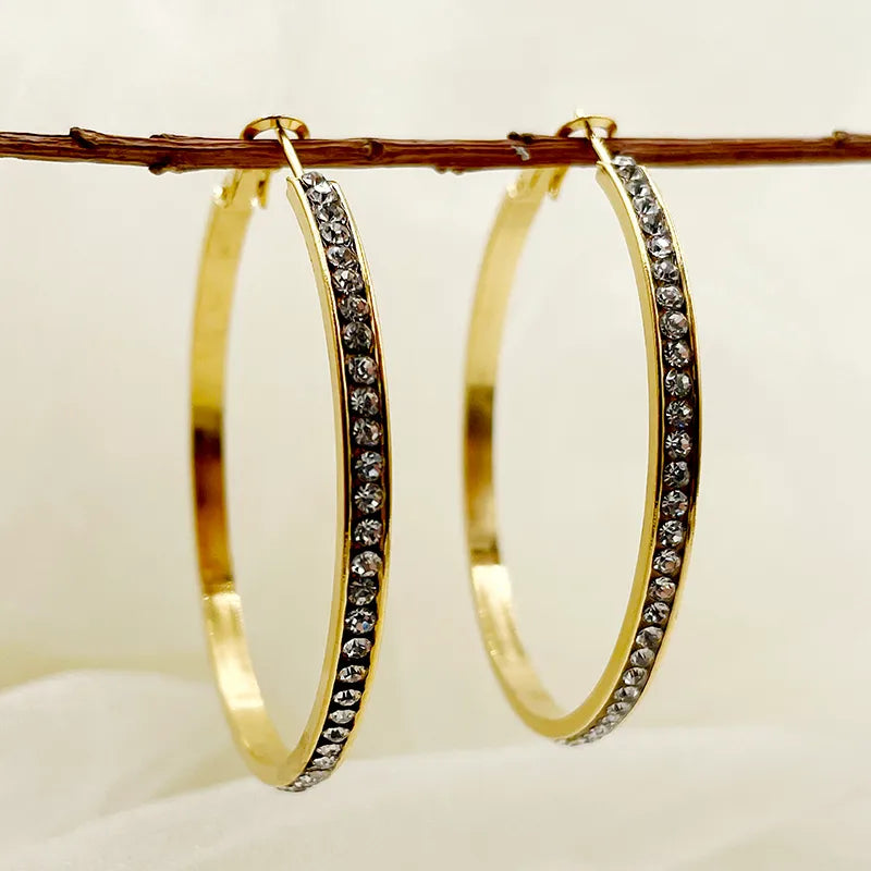 1 Pair Rock Sweet Simple Style Circle Plating Inlay 304 Stainless Steel Zircon 14K Gold Plated Hoop Earrings