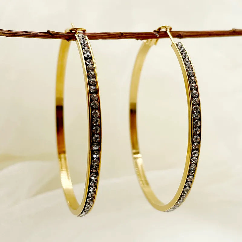 1 Pair Rock Sweet Simple Style Circle Plating Inlay 304 Stainless Steel Zircon 14K Gold Plated Hoop Earrings