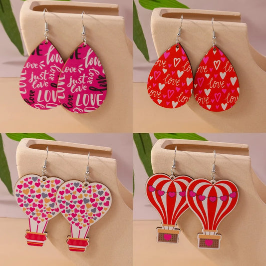 1 Pair Romantic Heart Shape Alloy Wood Drop Earrings