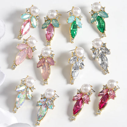 1 Pair Romantic Shiny Leaves Water Droplets Inlay Alloy Gem Pearl Zircon Ear Studs