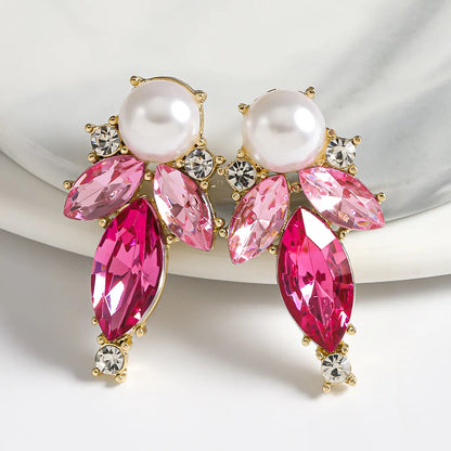 1 Pair Romantic Shiny Leaves Water Droplets Inlay Alloy Gem Pearl Zircon Ear Studs