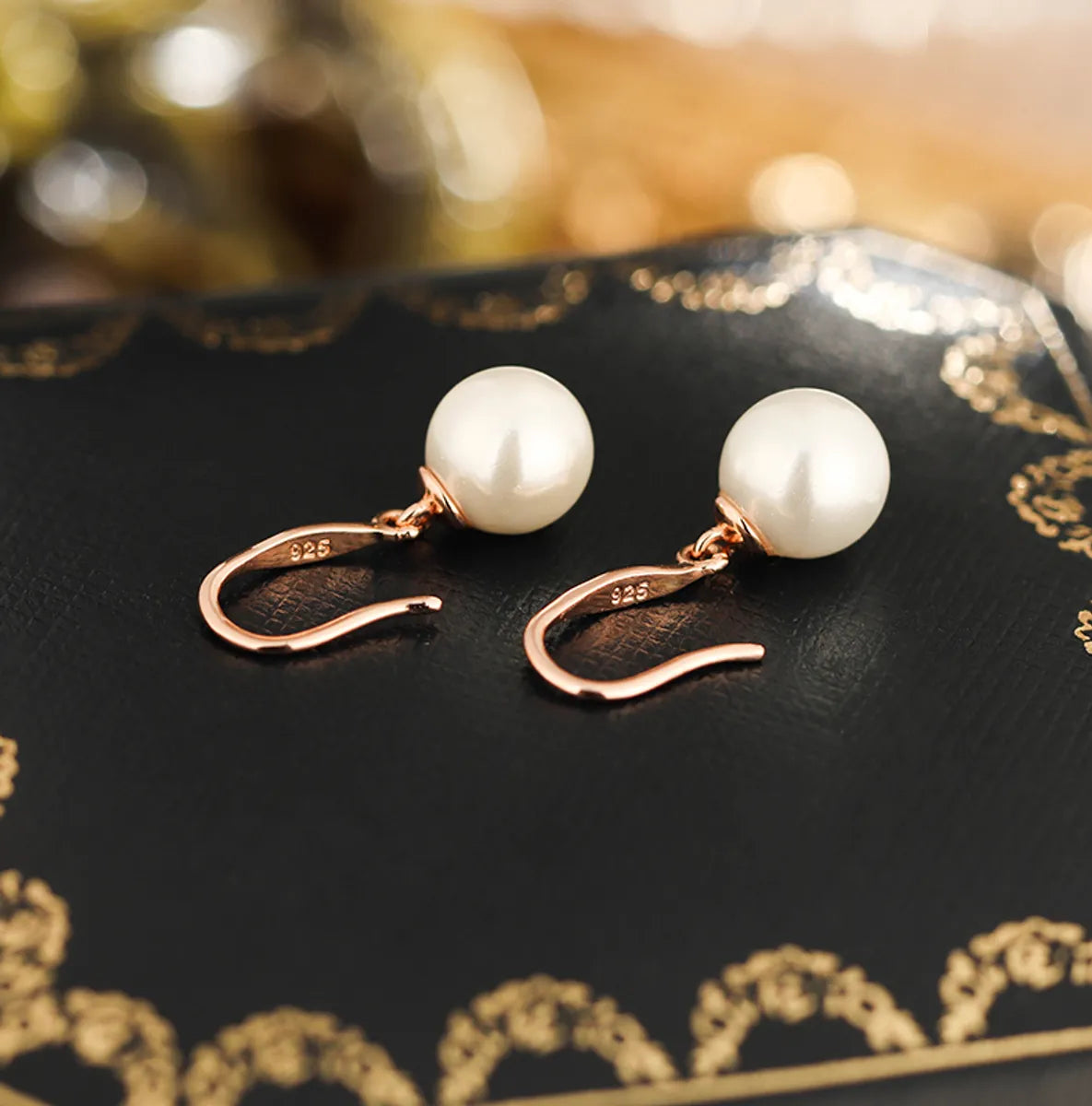 1 Pair Romantic Solid Color Beaded Inlay Sterling Silver Artificial Pearls Rose Gold Plated Ear Hook