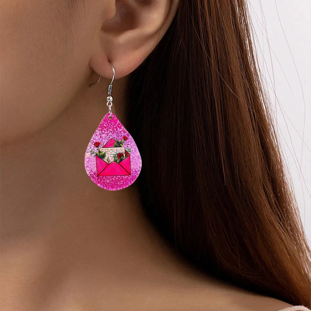 1 Pair Romantic Sweet Envelope Water Droplets Rose Arylic Drop Earrings