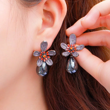 1 Pair Romantic Sweet Flower Plating Inlay Copper Pearl Zircon Rhodium Plated Silver Plated Drop Earrings