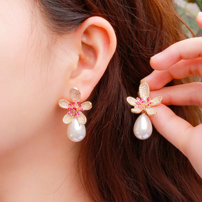 1 Pair Romantic Sweet Flower Plating Inlay Copper Pearl Zircon Rhodium Plated Silver Plated Drop Earrings