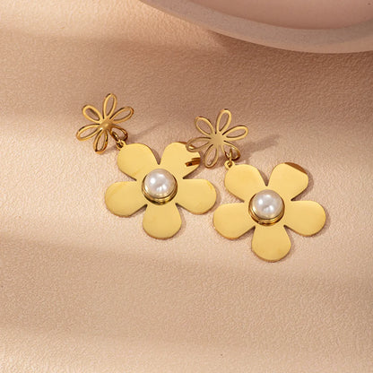 1 Pair Romantic Sweet Flower Plating Inlay Stainless Steel Artificial Pearls Gold Plated Drop Earrings