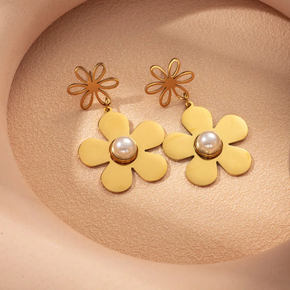 1 Pair Romantic Sweet Flower Plating Inlay Stainless Steel Artificial Pearls Gold Plated Drop Earrings