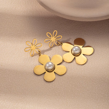 1 Pair Romantic Sweet Flower Plating Inlay Stainless Steel Artificial Pearls Gold Plated Drop Earrings