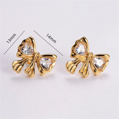 1 Pair Romantic Sweet Shiny Bow Knot Inlay 304 Stainless Steel Artificial Gemstones Ear Studs