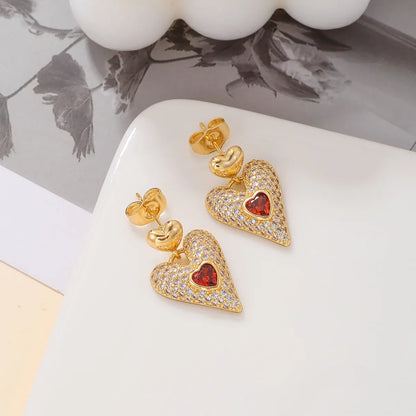 1 Pair Romantic Sweet Simple Style Heart Shape Plating Inlay Alloy Zircon 18k Gold Plated Drop Earrings